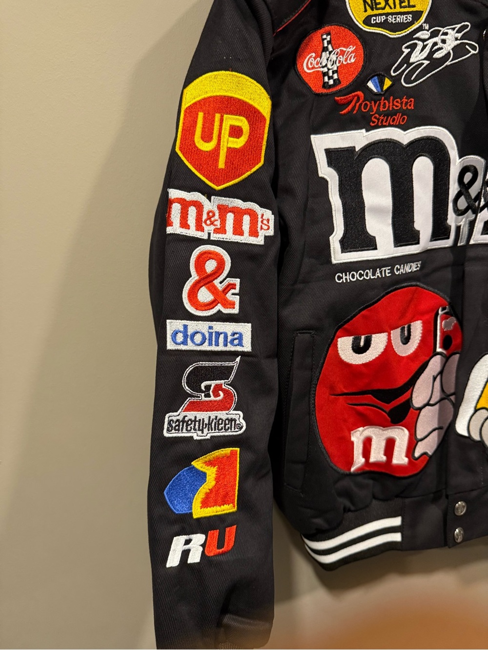 M&M'S inspired Black Bomber Nascar denim Jacket w Character Patches image 4